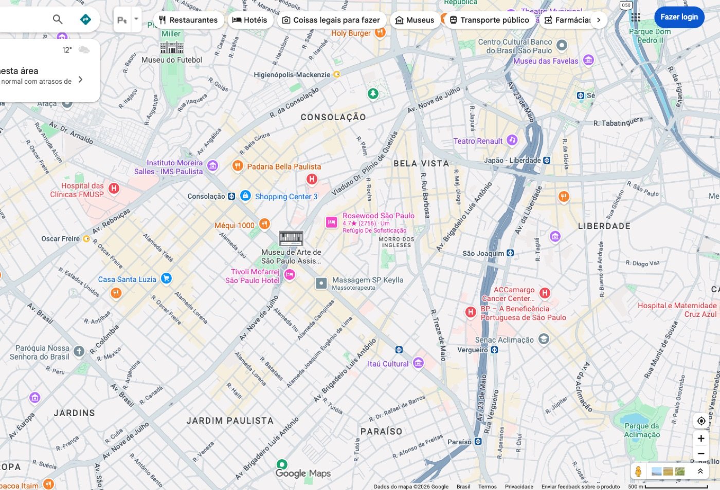 Mapa da região da Avenida Paulista, em São Paulo, ilustrando a área de cobertura de busca de um negócio local